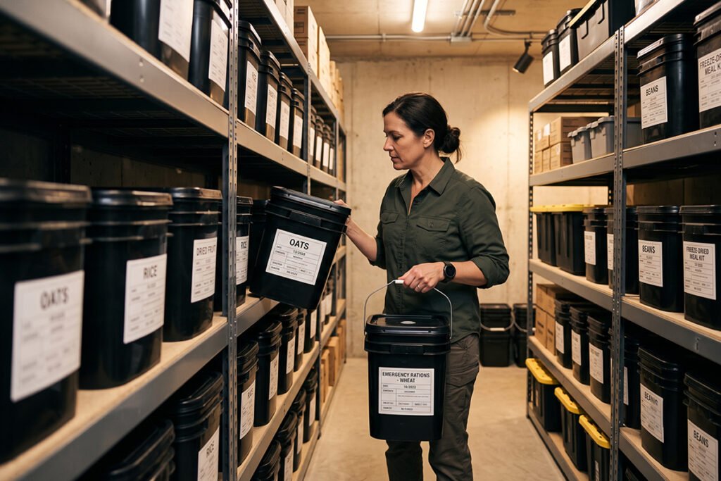 An individual inspecting a neatly organized long-term emergency food stockpile stored