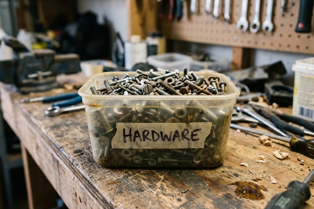 An old plastic food container filled with sorted metal screws and bolts inside a garage workshop