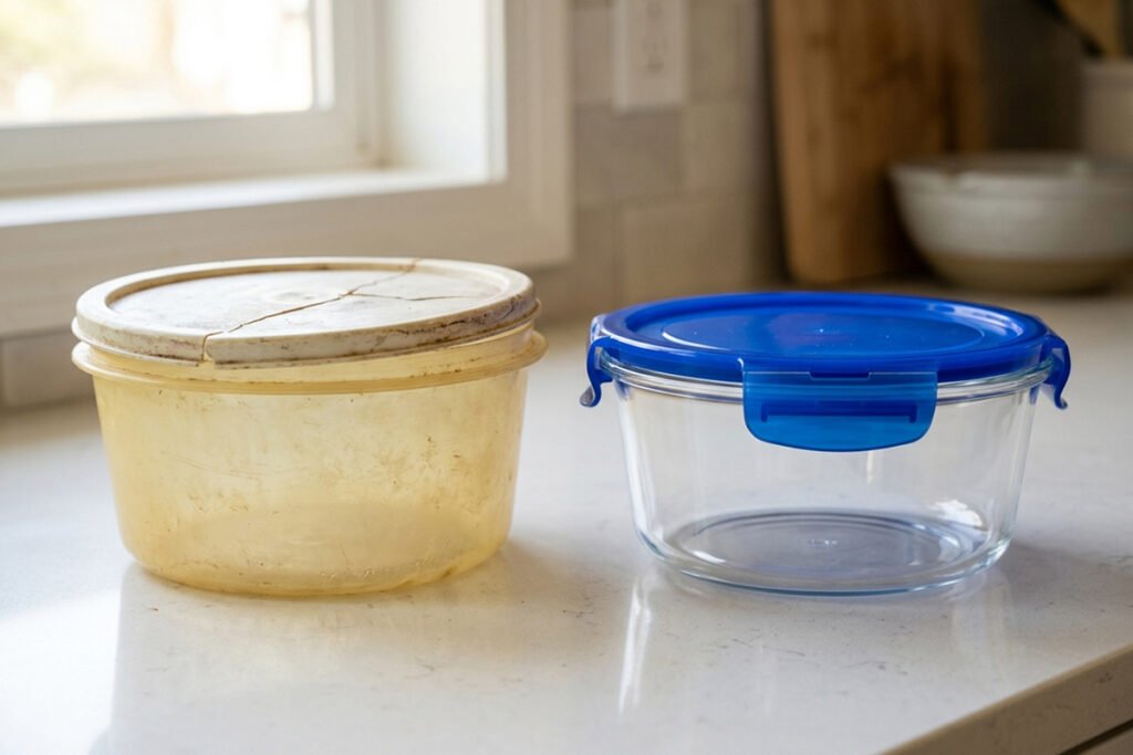 An old vintage plastic container next to a modern BPA-free food container for comparison