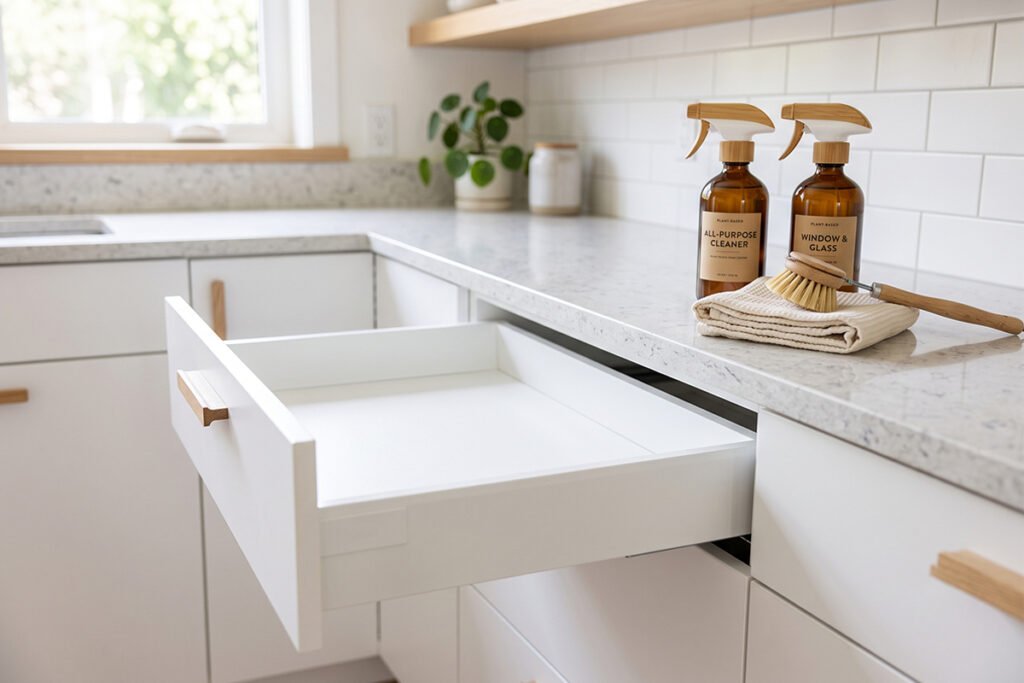 An open drawer fully emptied with cleaning supplies sitting on the kitchen counter nearby