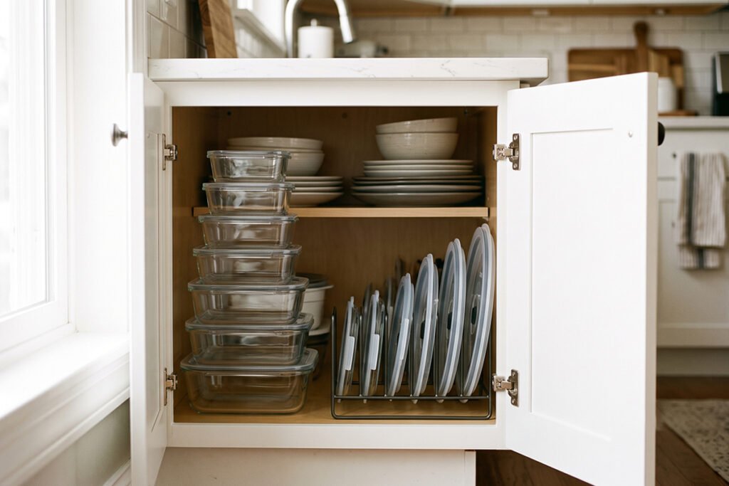 An open kitchen cabinet displaying neatly stacked food containers alongside an organized lid holder.