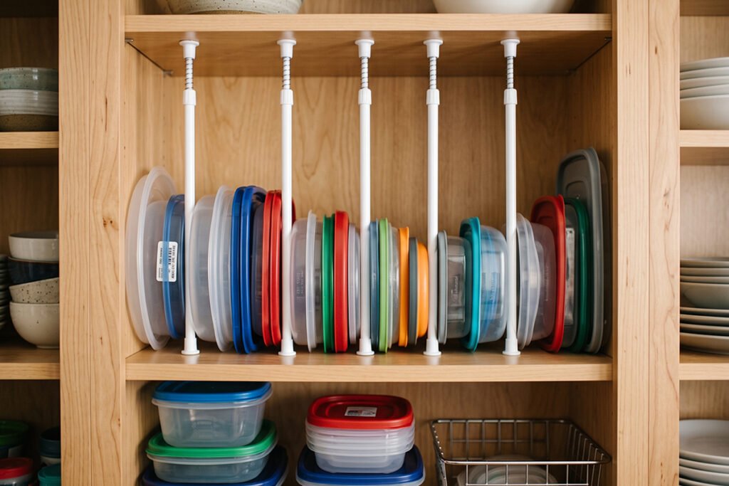 An organized cabinet shelf showing container lids held upright using simple tension curtain rods.