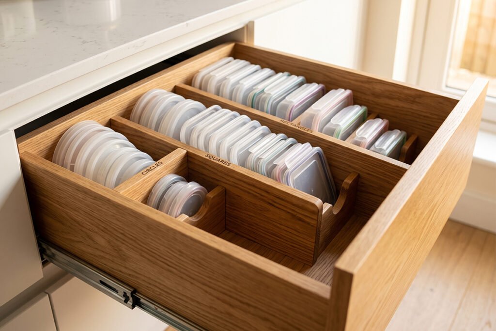 An organized drawer displaying a combination of vertical dividers and shape-sorted lid sections
