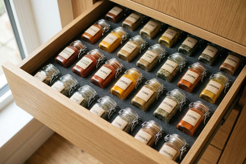 An organized spice drawer featuring tightly sealed glass jars protected from air exposure.