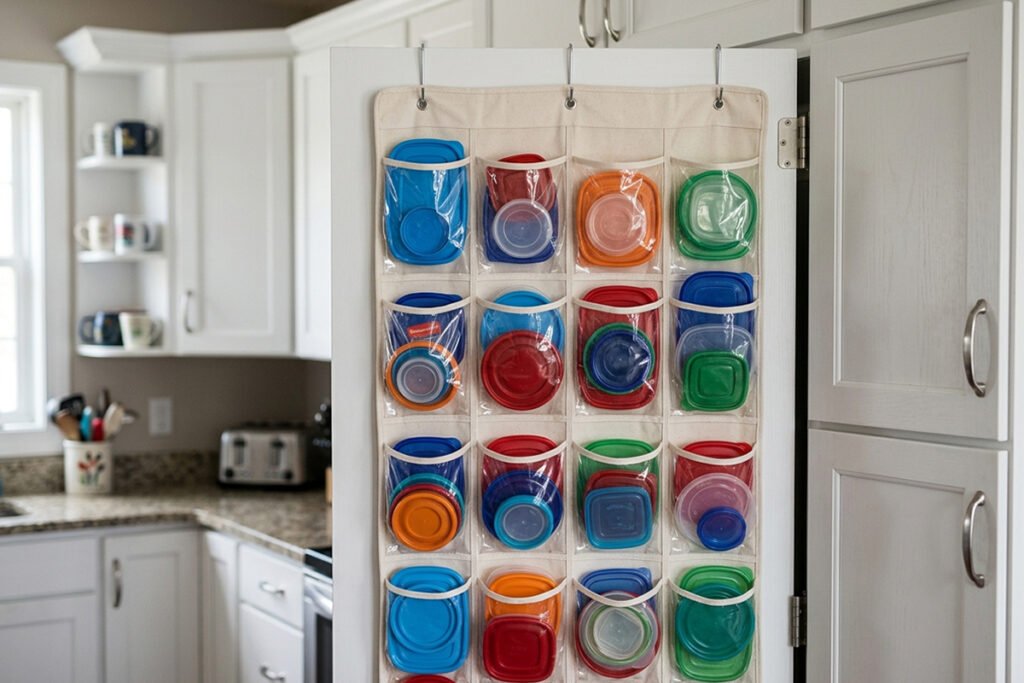 An over-the-door fabric hanging shoe or pouch organizer filled with organized plastic container lids
