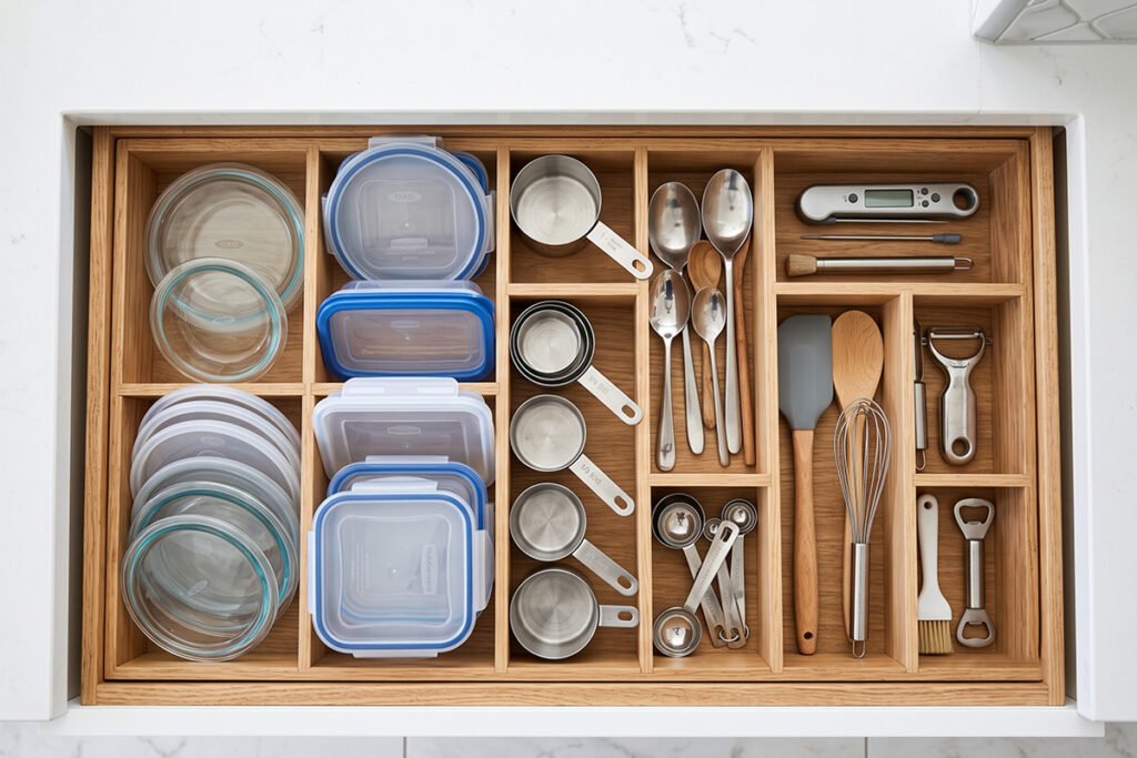 An overhead view of a neatly divided drawer storing various kitchen items