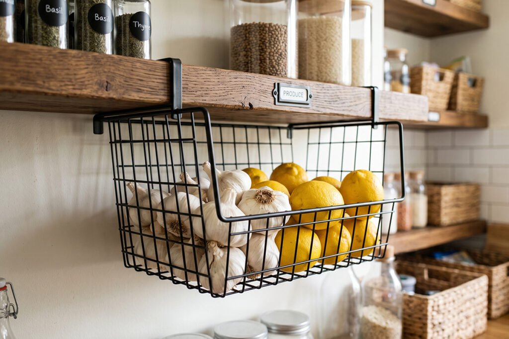 An under-shelf wire basket suspended below a wooden pantry shelf holding garlic and lemons.