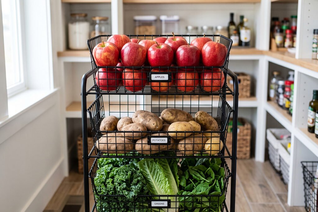 Apples stored in a separate wire tier away from potatoes and leafy greens.
