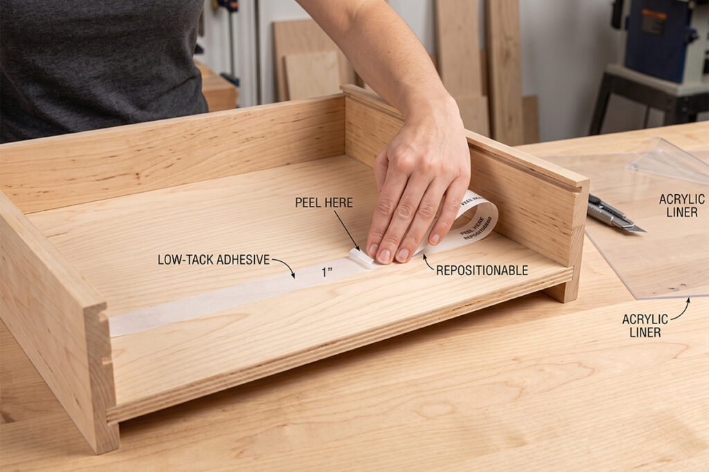 Applying repositionable adhesive tape strips to a drawer bottom before liner in