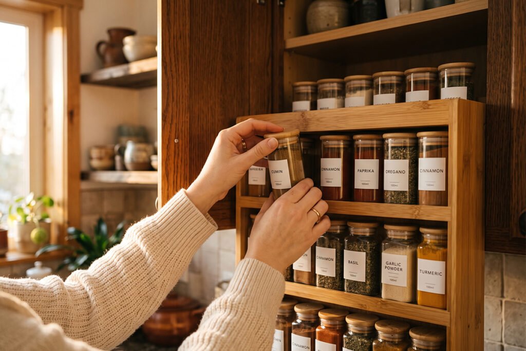 Arranging labeled spice jars neatly onto a tiered spice rack inside a cabinet