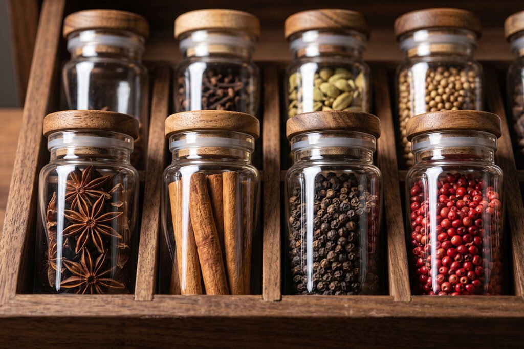 Array of glass spice bottles with silicone seals displaying various colorful who