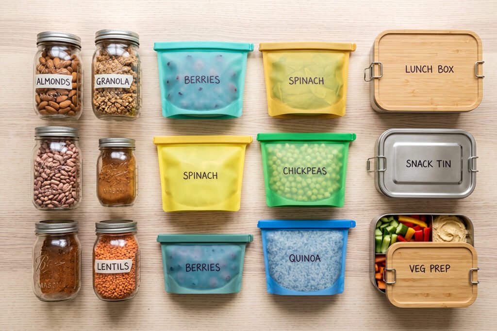 Array of healthy food storage materials including glass jars