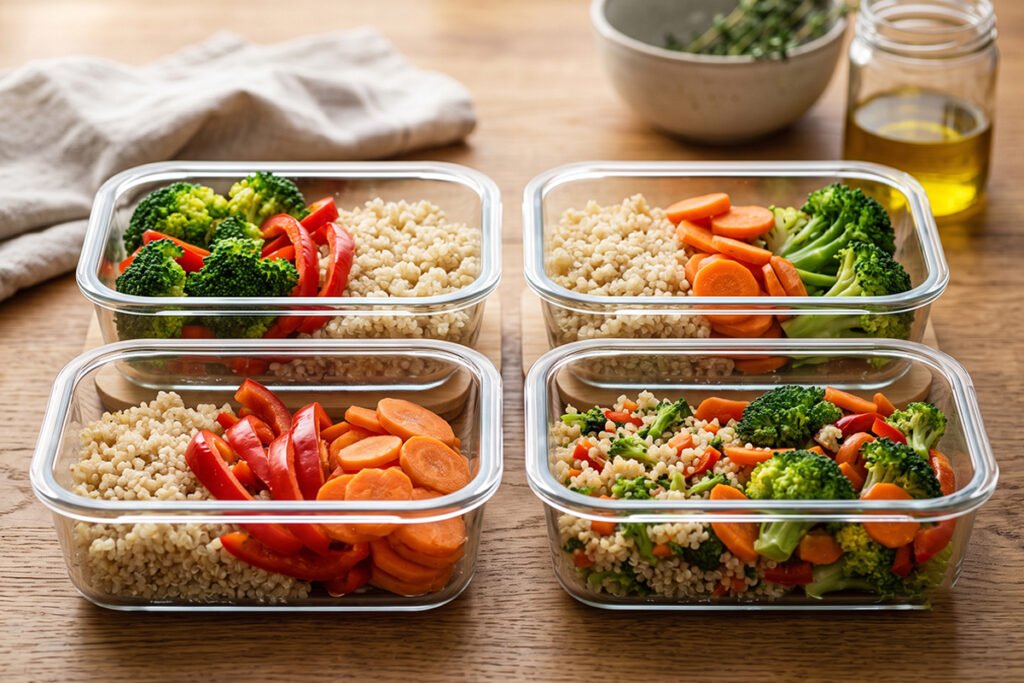 Array of non-toxic glass containers filled with colorful fresh organic vegetables and meal prep