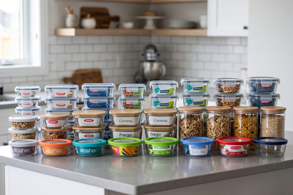 Array of top glass container brands arranged by size and lid type on a clean countertop
