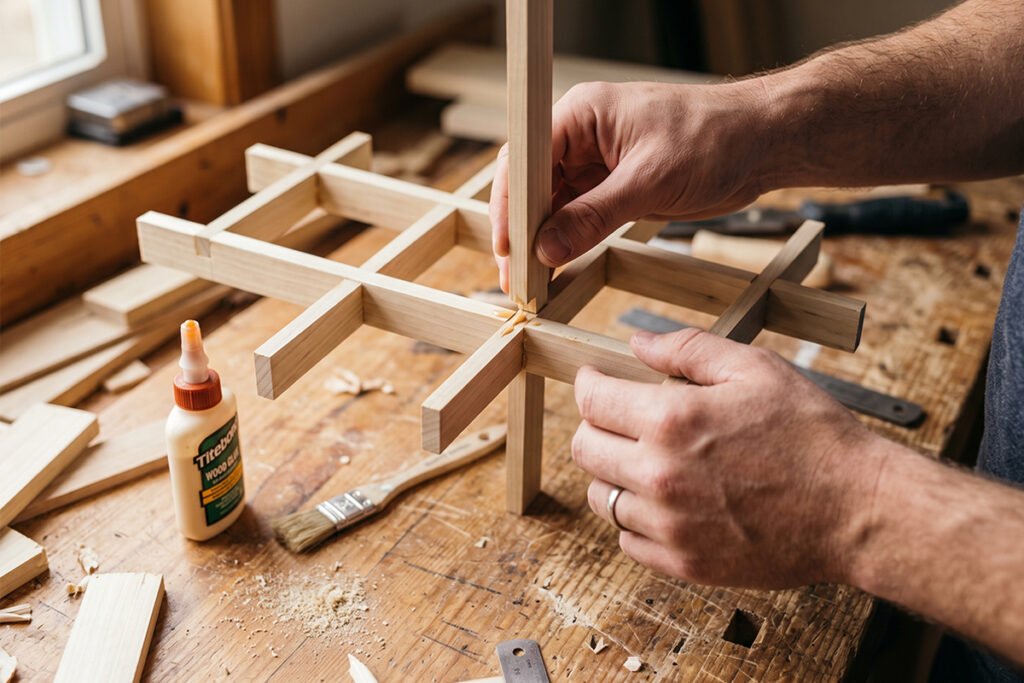 Assembling a criss-cross wooden grid frame with wood glue