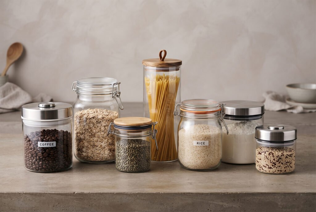 Assorted airtight kitchen containers showcasing different lid mechanisms and rubber gaskets