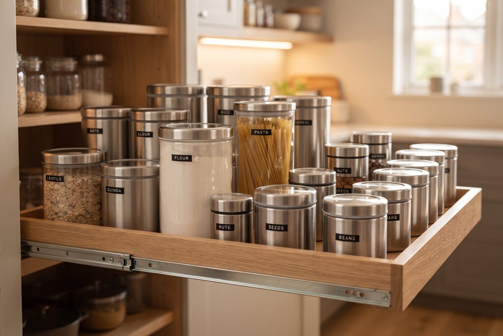 Assorted high-end pantry food storage containers organized neatly on a pull-out shelf