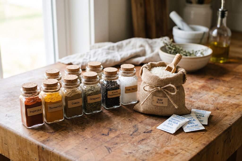Assorted spice jars standing alongside natural moisture absorbers like rice and silica packets