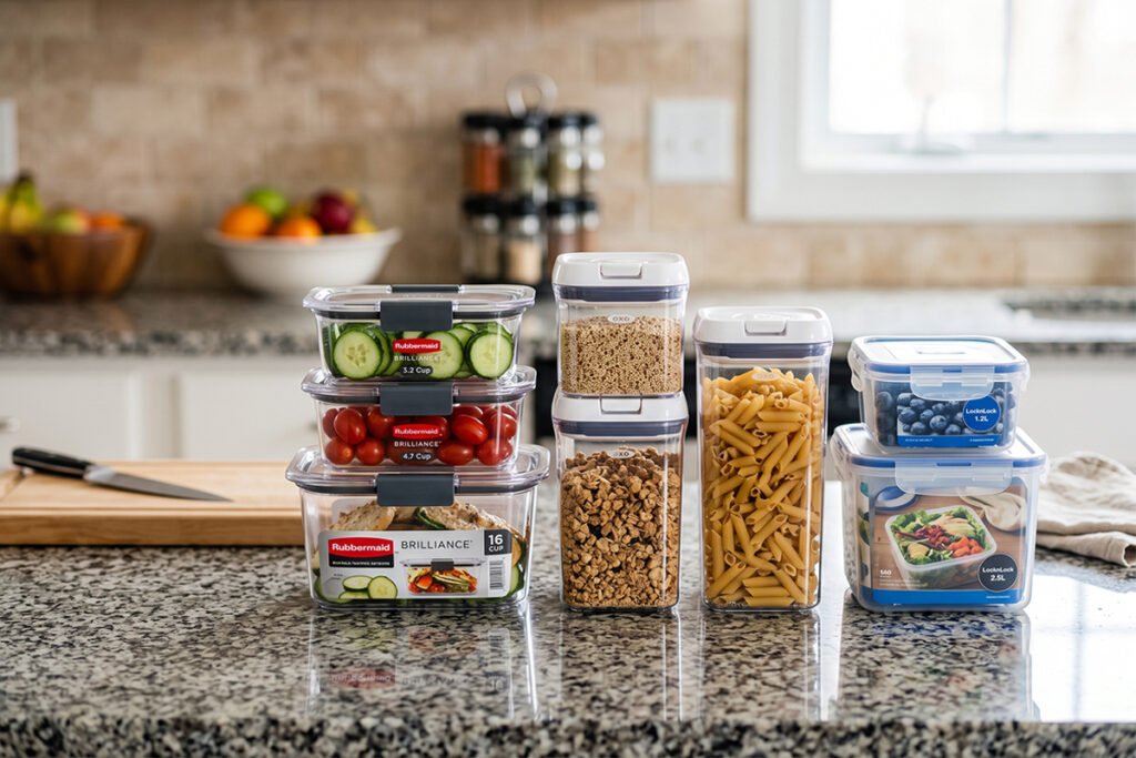 Assorted top-rated plastic food containers from popular kitchen brands