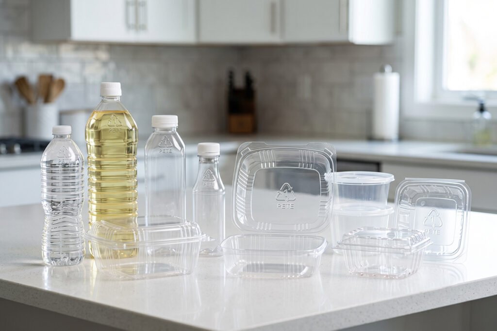 Assortment of clear PET plastic bottles and clamshell food containers displaying code 1 stamps.