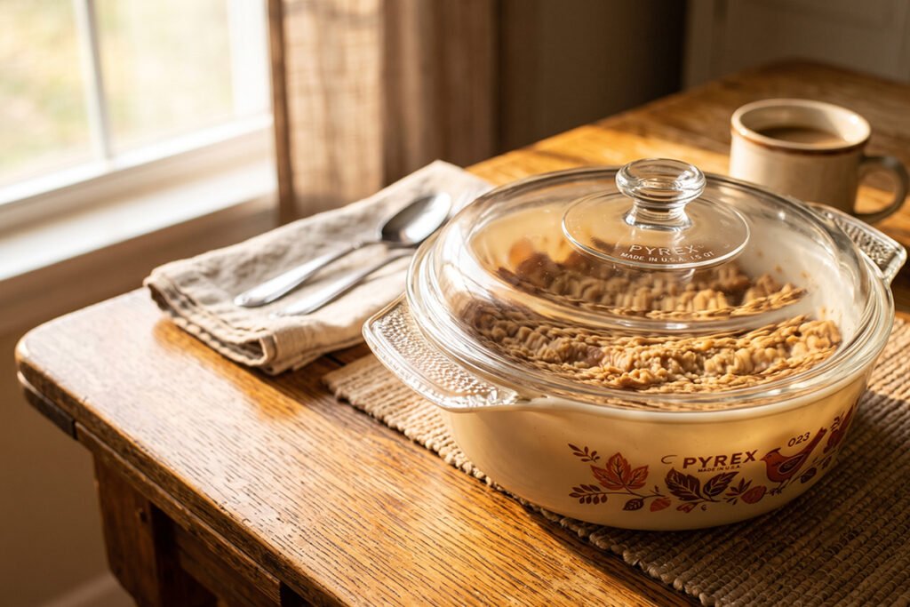Authentic Pyrex glass baking dish with lid set displayed cleanly on a wooden table