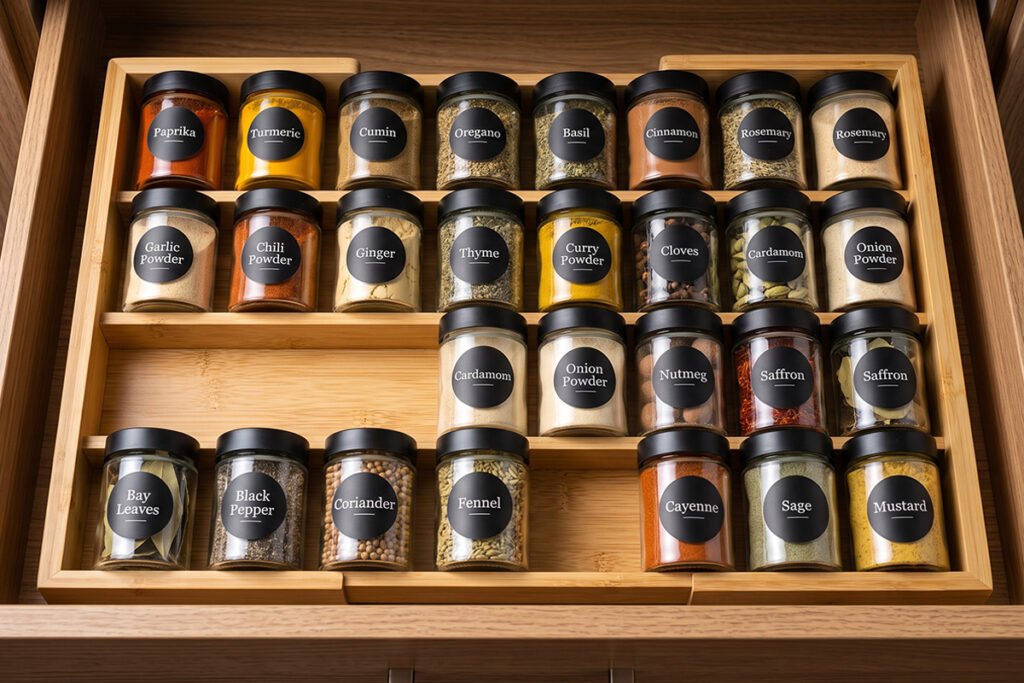 Award-winning expandable bamboo spice drawer tray filled with uniform spice jars