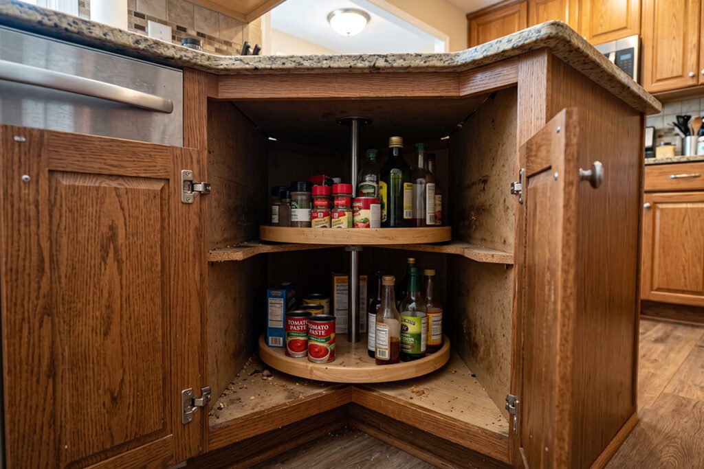 Awkward corner cabinet showing gaps between round lazy Susans and square walls