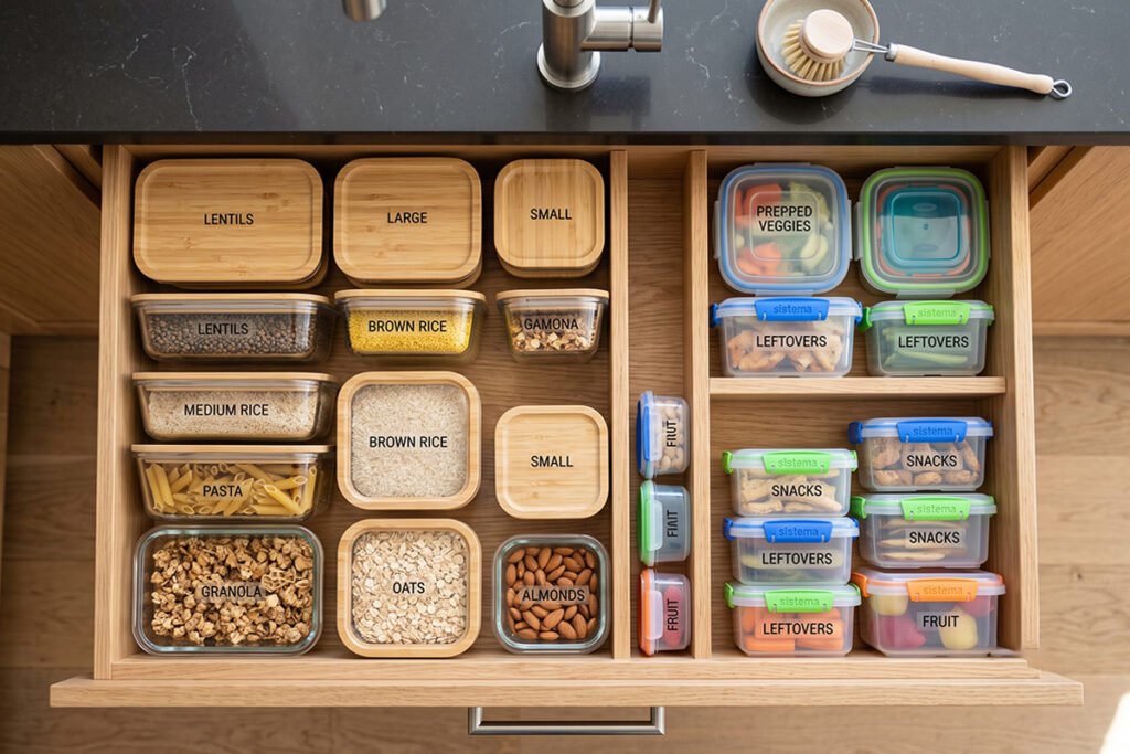 Balanced kitchen drawer featuring a smart mix of glass containers and lightweight plastic tubs