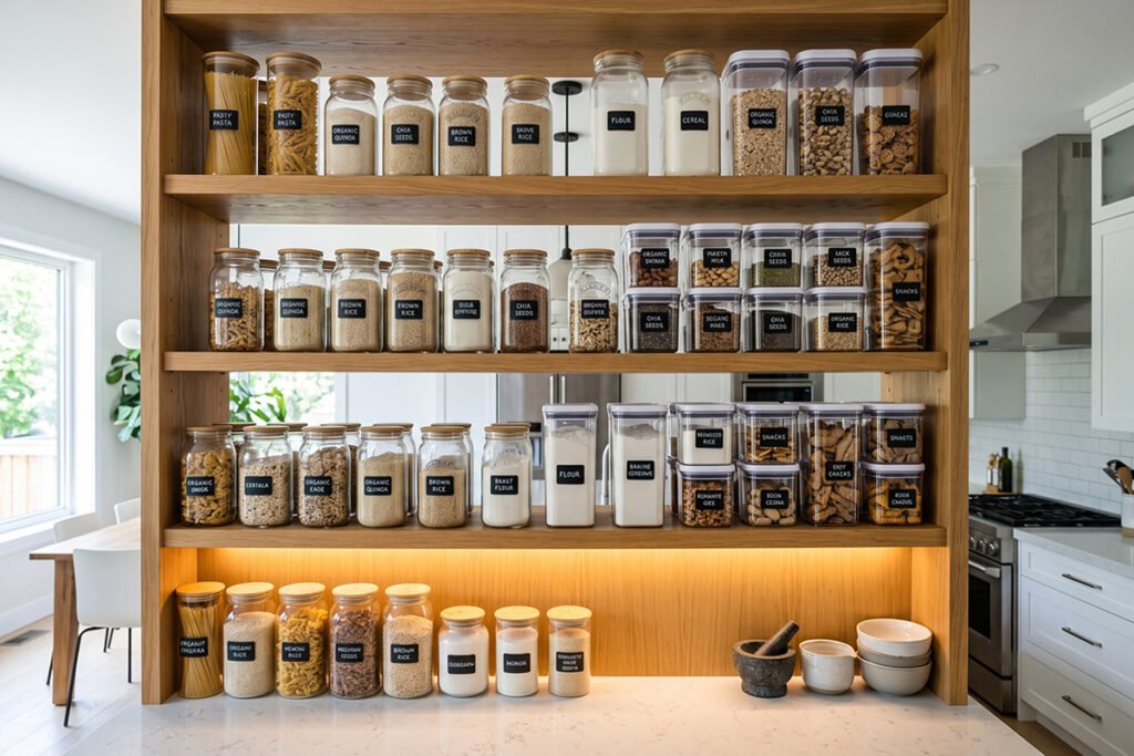 Balanced kitchen storage layout showing a mix of glass and high-grade plastic containers.
