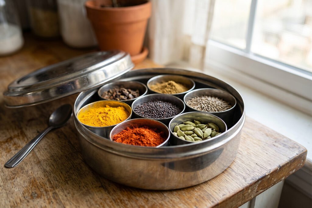 Beautiful close up shot highlighting the seven essential spices in their stainless steel cups