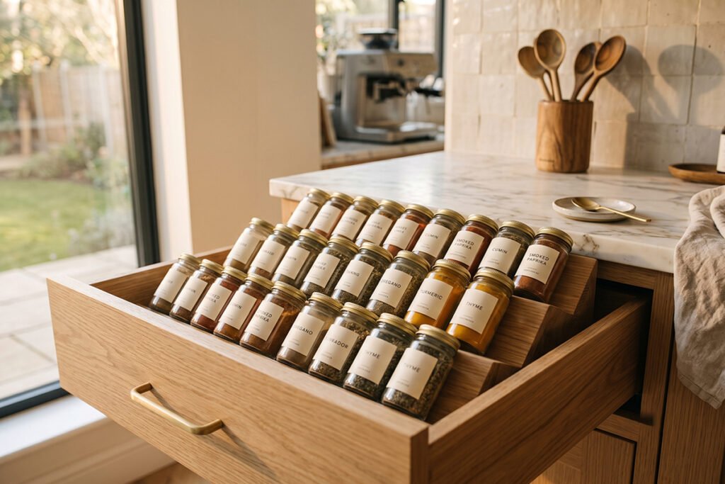 Beautifully styled kitchen drawer showcasing an organized spice collection on a woo