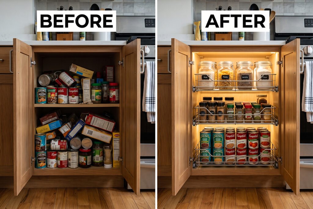 Before-and-after view of a cluttered deep cabinet transformed into an organized pull-out system