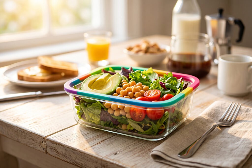Bentgo Signature Glass container with colorful silicone accent rim filled with healthy meal prep