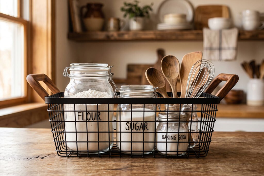 Black metal wire basket with acacia wood handles holding baking supplies