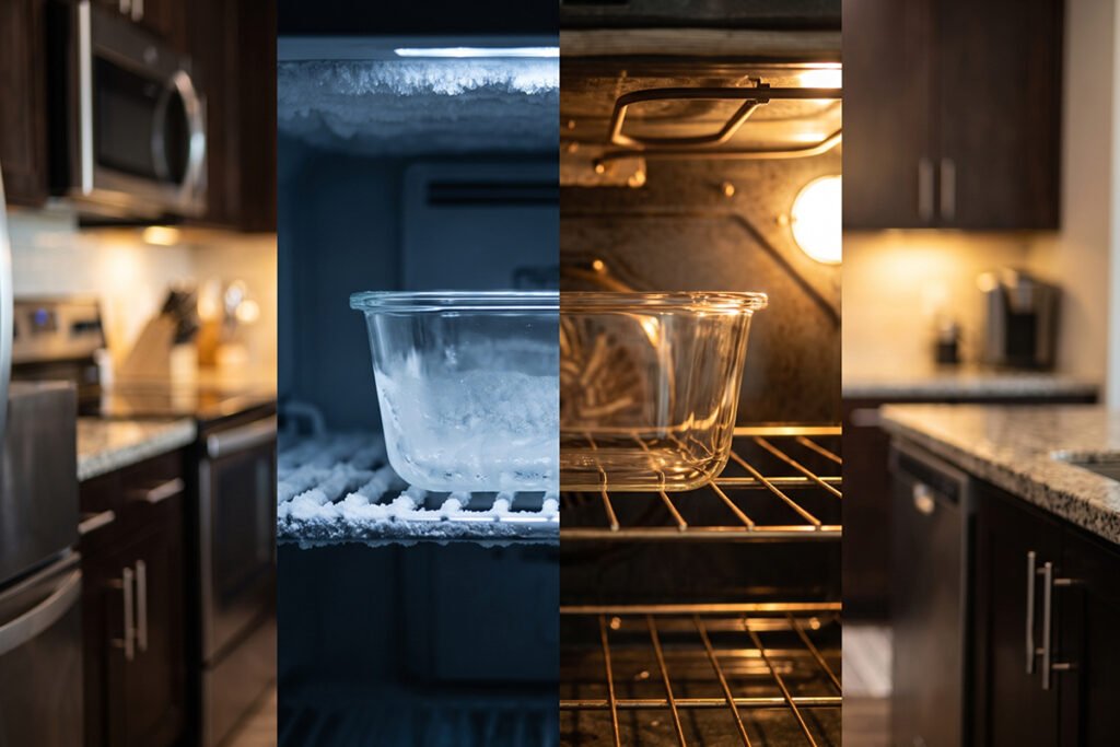 Borosilicate glass container transitioning directly from freezer to preheated oven