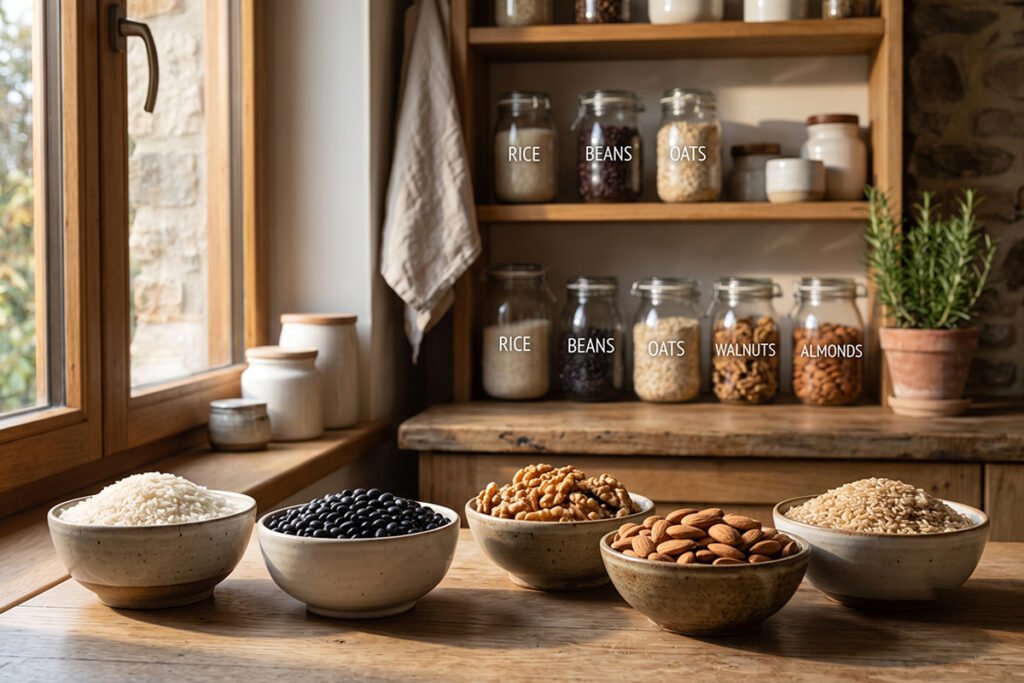 Bowls of long-term storage-friendly foods like dry beans and white rice placed next t