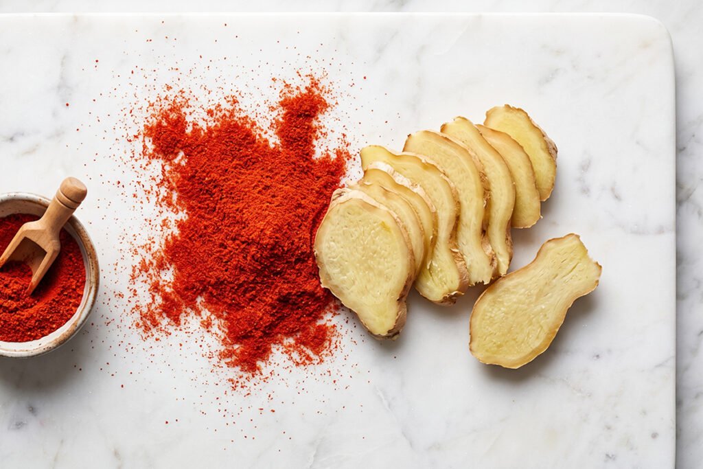 Bright red cayenne pepper powder and sliced ginger root on a clean marble surface