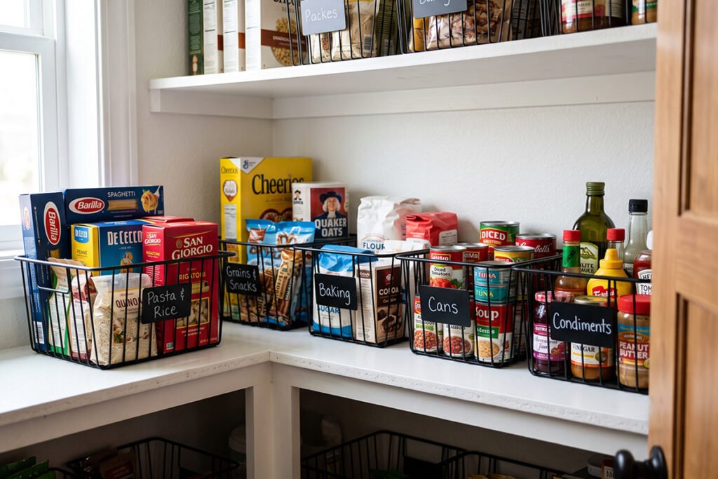 Budget-friendly black wire baskets displayed on a simple pantry shelf