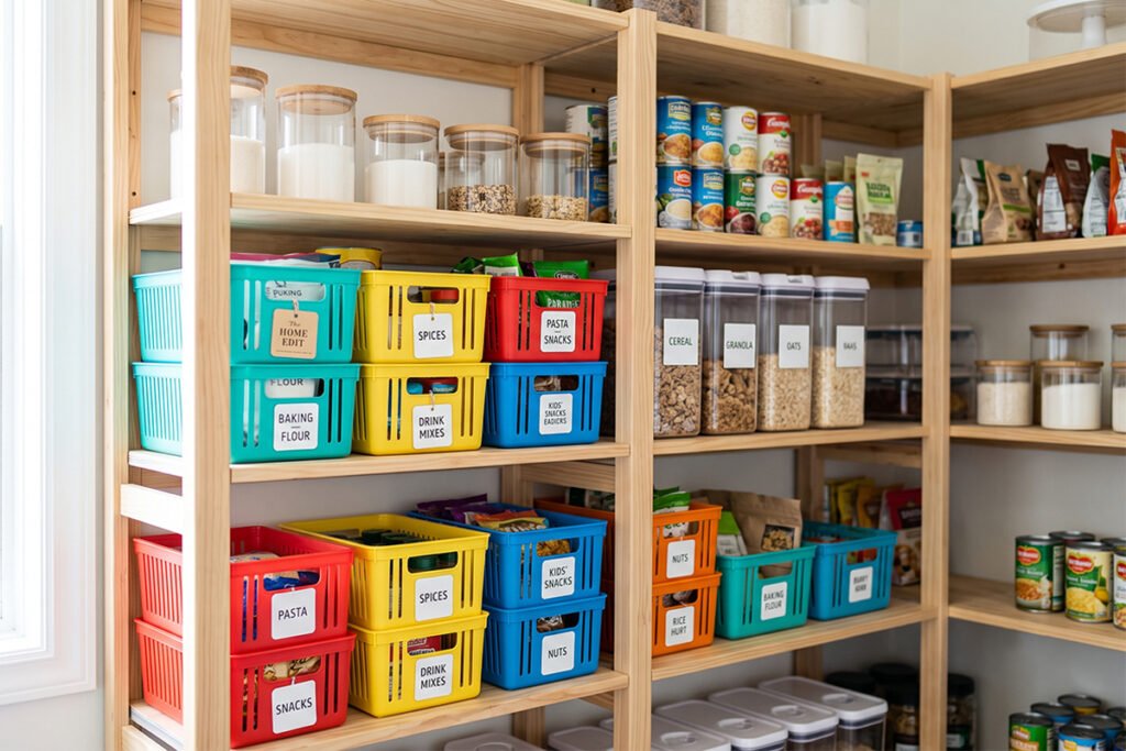 Budget plastic storage bins and organizers displayed on kitchen shelving