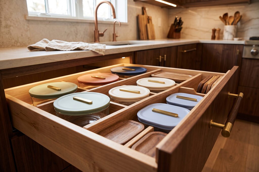 Caraway glass storage set arranged in a styled kitchen drawer with custom organizational inserts