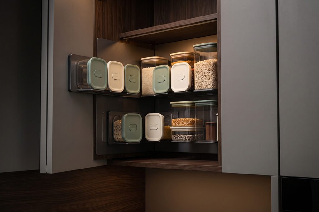 Caraway luxury glass storage set neatly organized on magnetic cabinet racks
