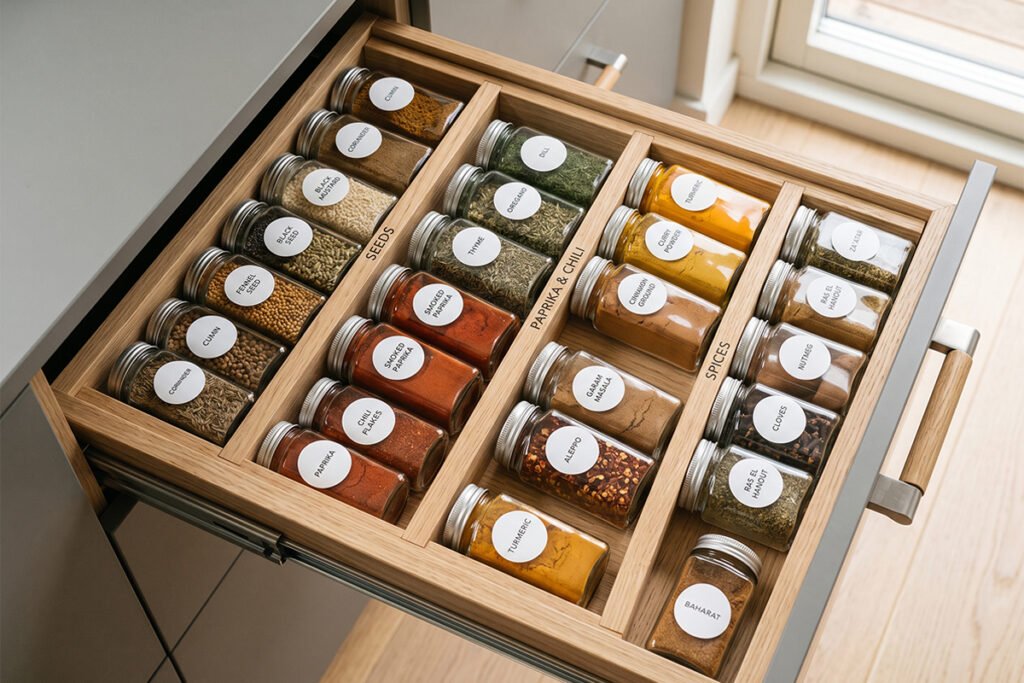Categorized spice drawer with custom printed labels facing upward for fast reco