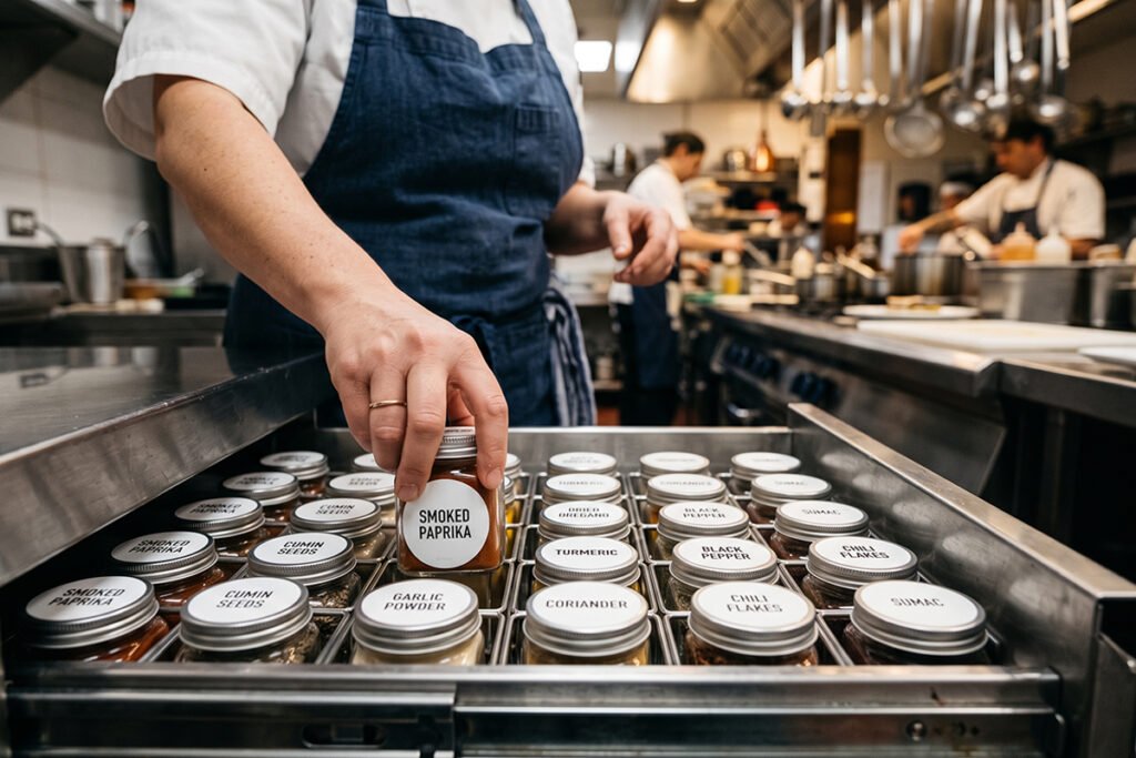 Chef reaching into an organized commercial kitchen drawer holding labeled spice_