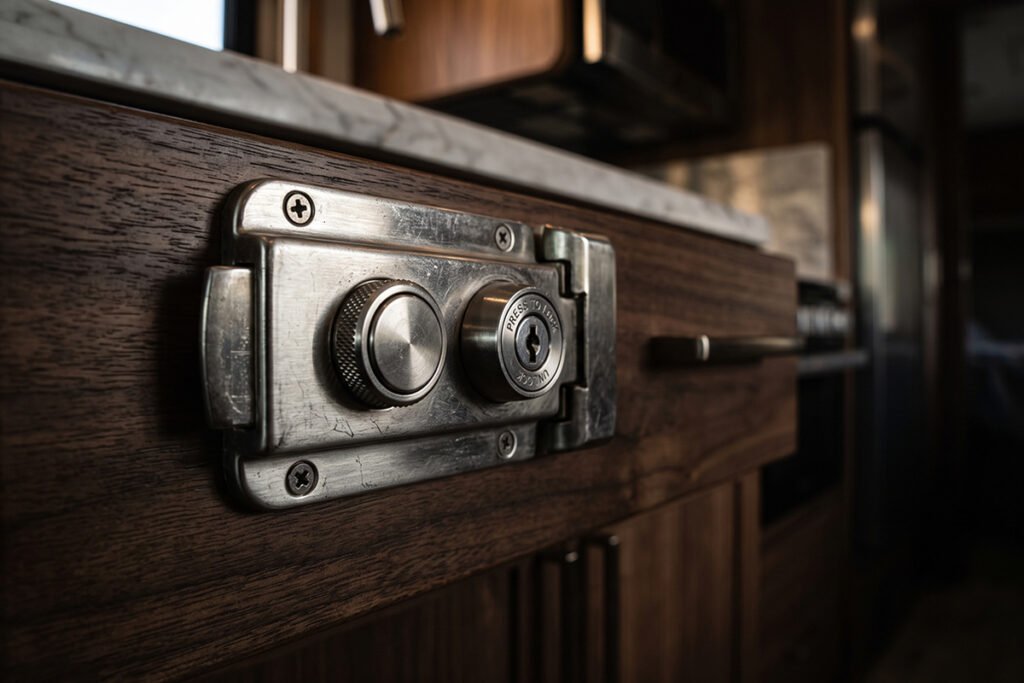 Child safety strap locking a set of kitchen drawers shut inside a travel trailer