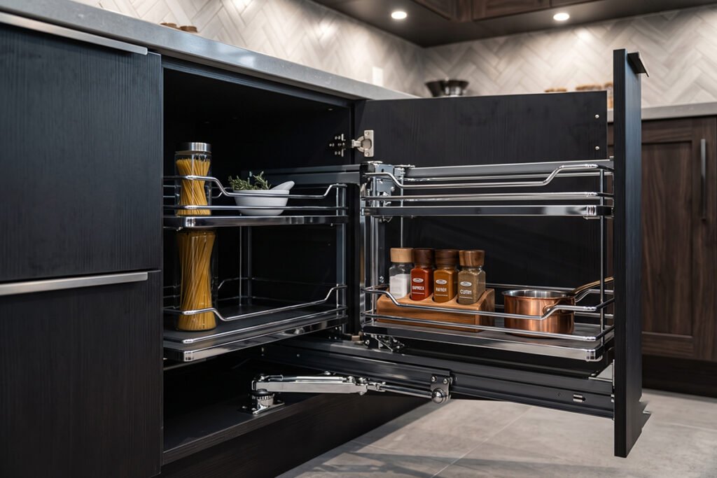 Chrome magic corner pull-out mechanism extending fully out of a base cabinet