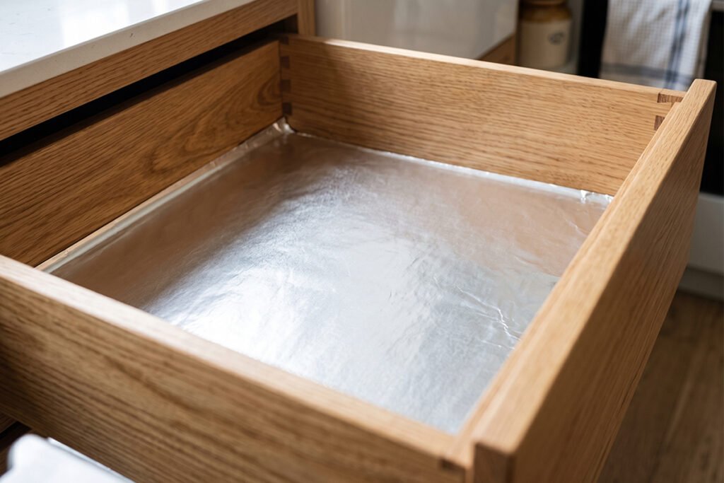 Clean aluminum foil lining neatly laid along the interior base of a deep kitchen dr