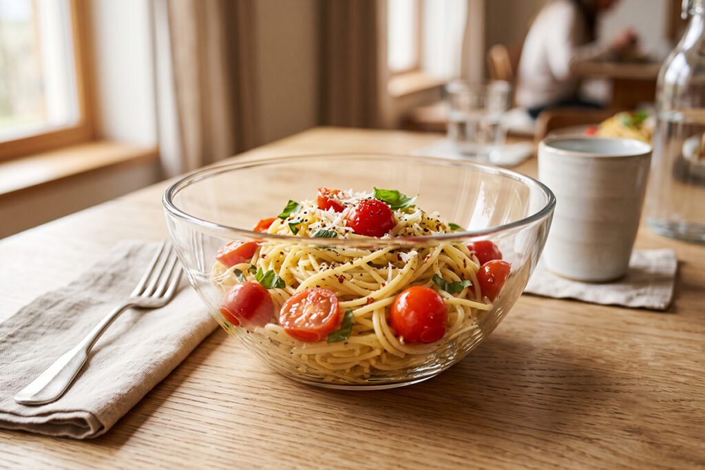 Clean crystal-clear glass bowl holding fresh food demonstrating high purity and zero staining