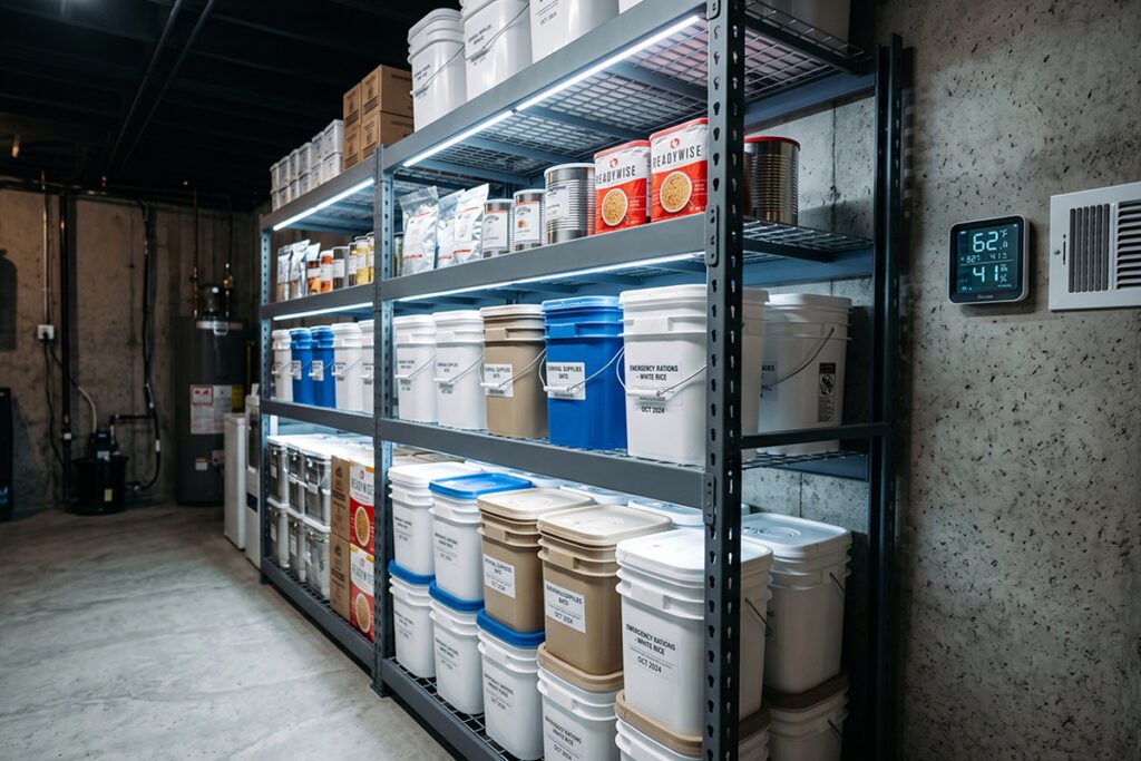 Clean, dark, temperature-controlled basement pantry organized with emergency food pai