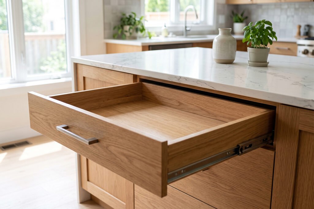 Clean empty kitchen drawer ready for an expandable acrylic spice liner installa