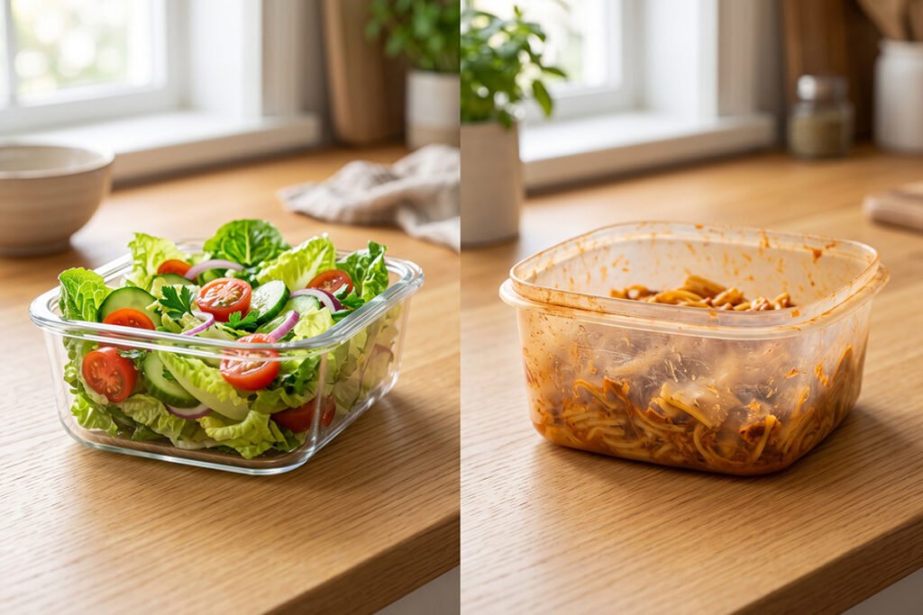 Clean glass meal prep container filled with fresh salad next to a worn